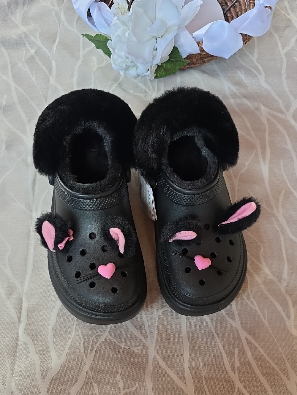 CROCS Black Faux Fur Lined Clogs with Pink Bunny Accents
